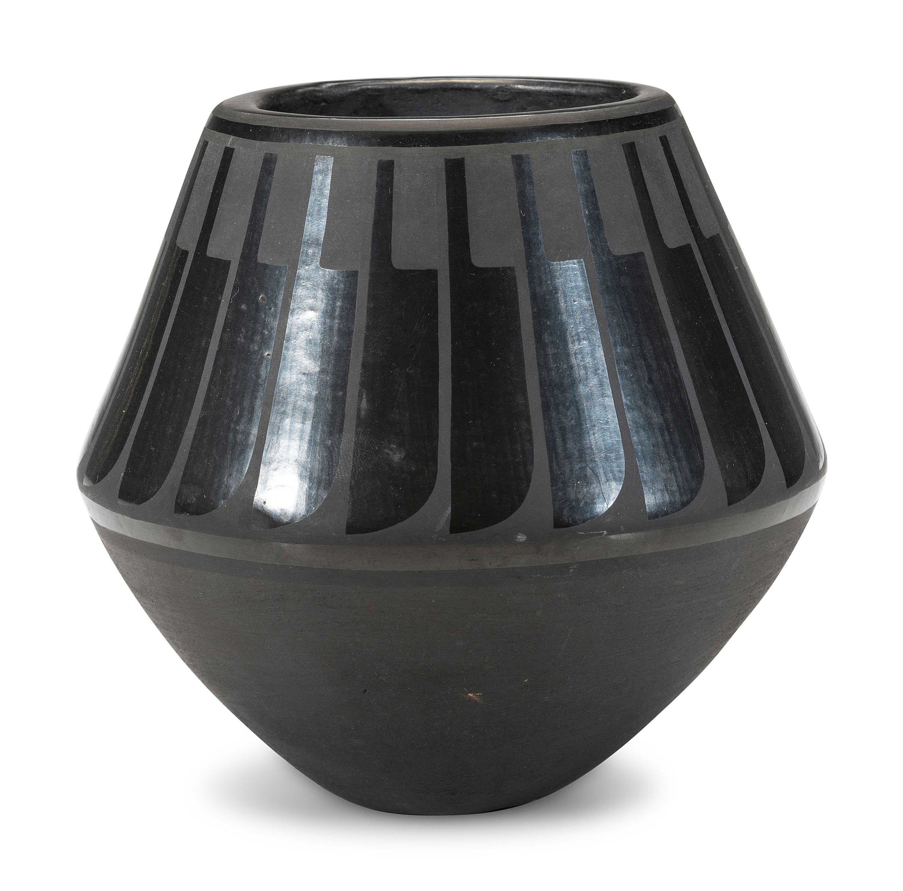 Blackware Pottery Jar, with Repeating Feathers