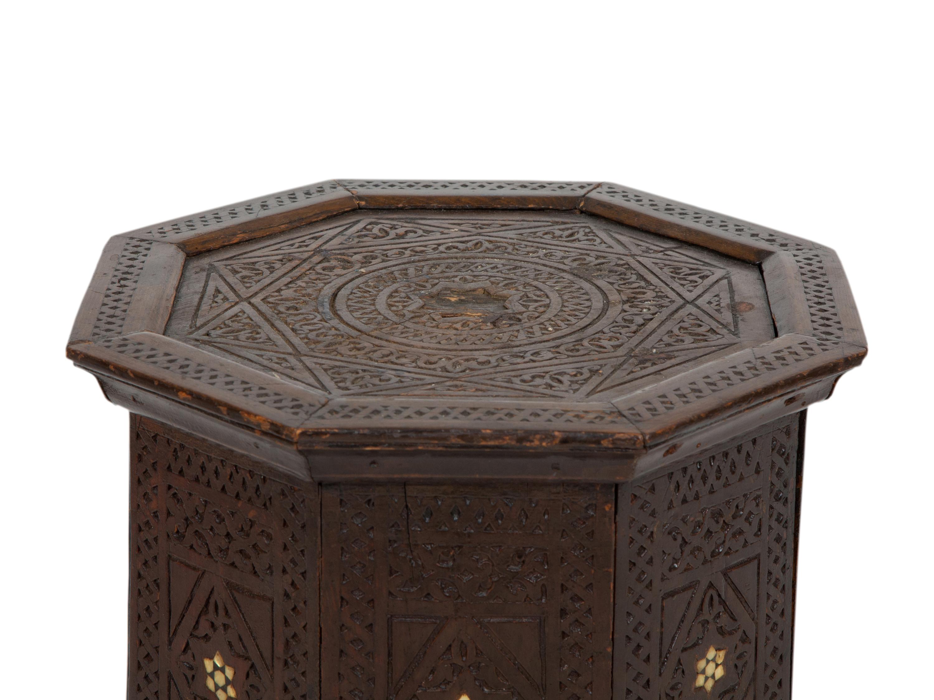A Moroccan Bone Inlaid Walnut Hexagonal Side Table