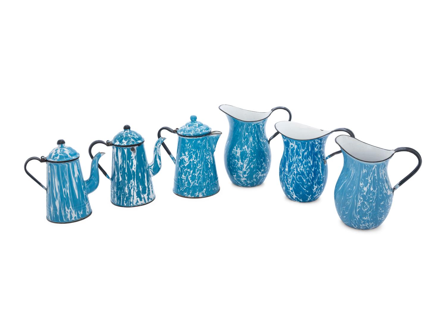 Six Chrysolite Enameled Graniteware Coffeepots and Pitchers