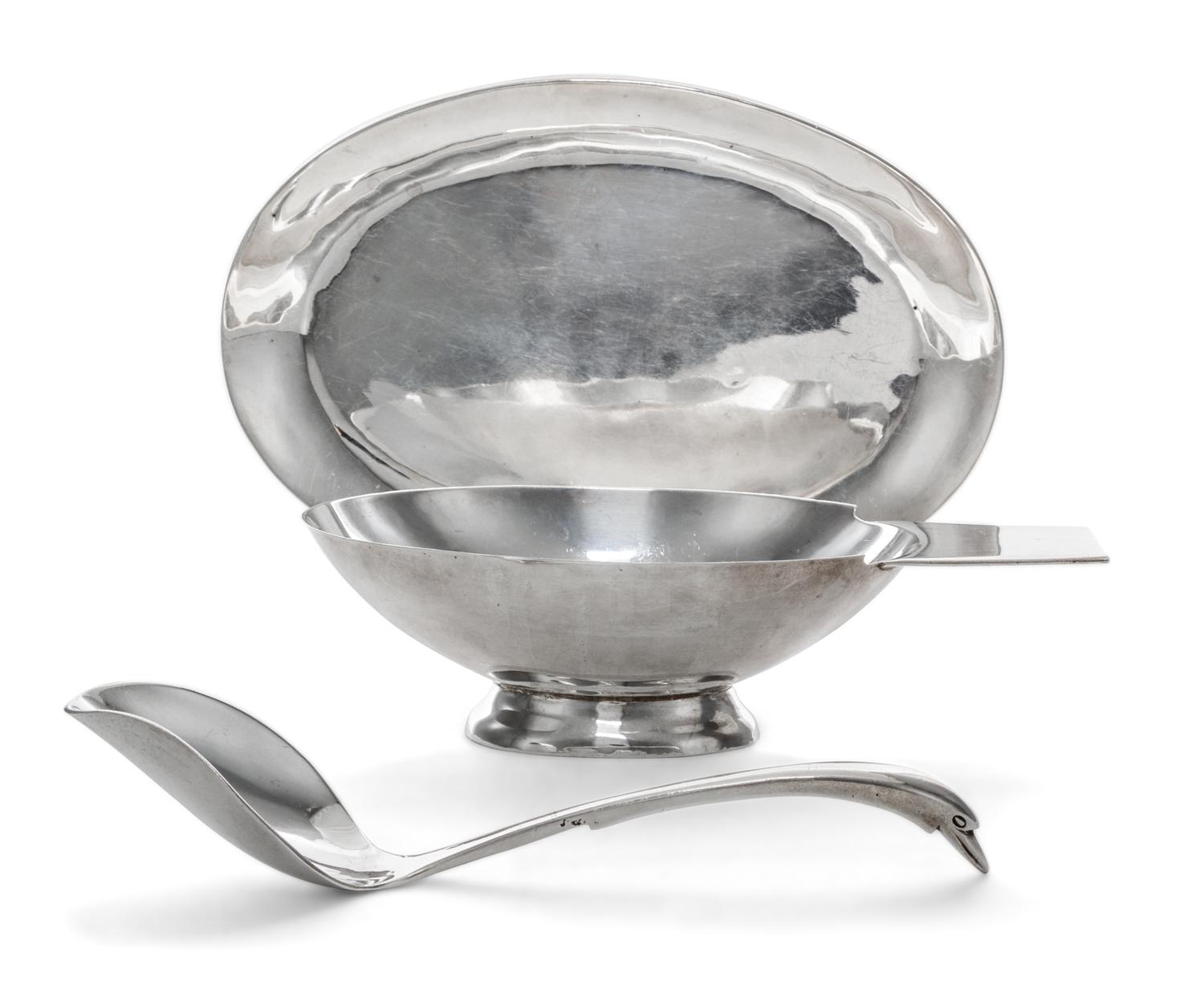 A Mexican Silver Sauce Set, Juvetino Lopez Reyes, Mexico City, 20th Century, comprising a sauce boat, tray and ladle.