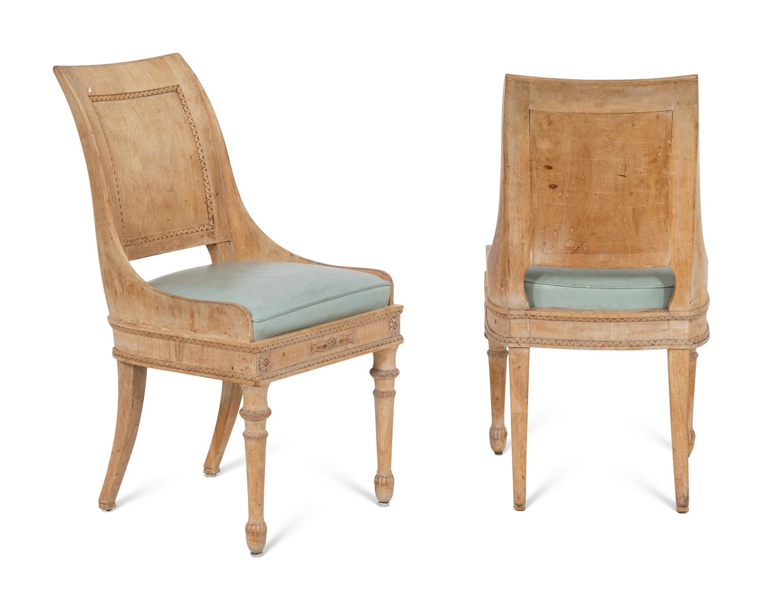 A Set of Six Empire Style Bleached Mahogany and Leather Upholstered Dining Chairs