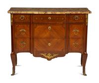 A French Gilt Metal Mounted Mahogany and Kingwood Marquetry Marble-Top Commode