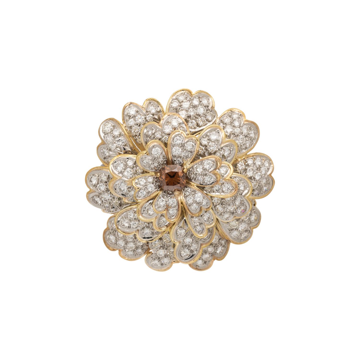 ERWIN PEARL, DIAMOND AND COLORED DIAMOND FLOWER BROOCH