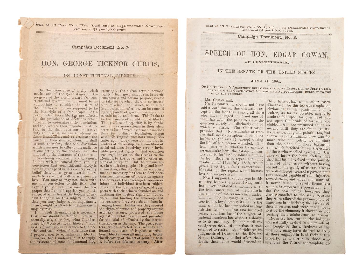[McCLELLAN, George B. (1826-1885)]. A group of covers, pamphlets, a ballot, and broadsheet related to General McClellan's 1864 presidential campaign.