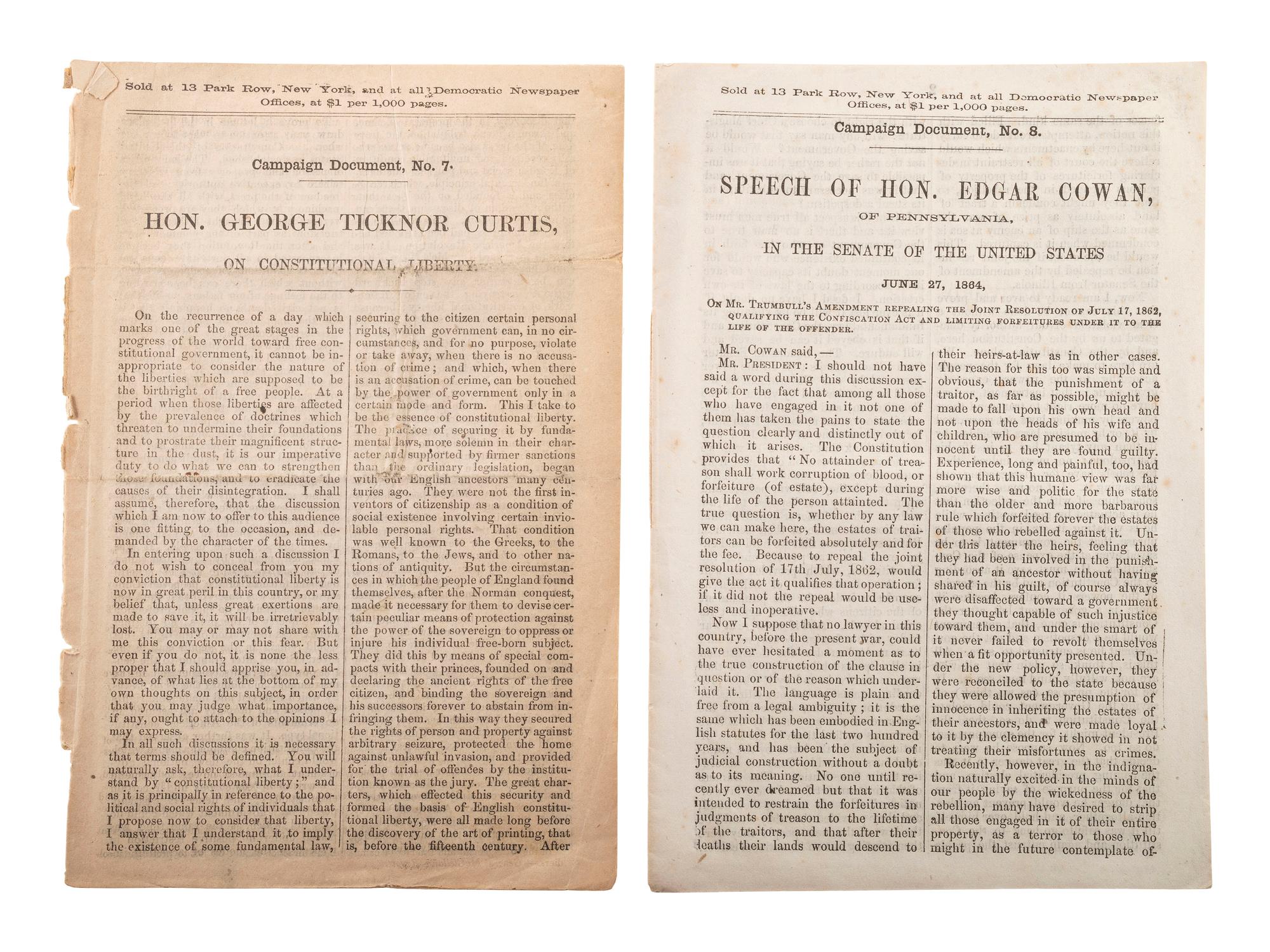 [McCLELLAN, George B. (1826-1885)]. A group of covers, pamphlets, a ballot, and broadsheet related to General McClellan's 1864 presidential campaign.