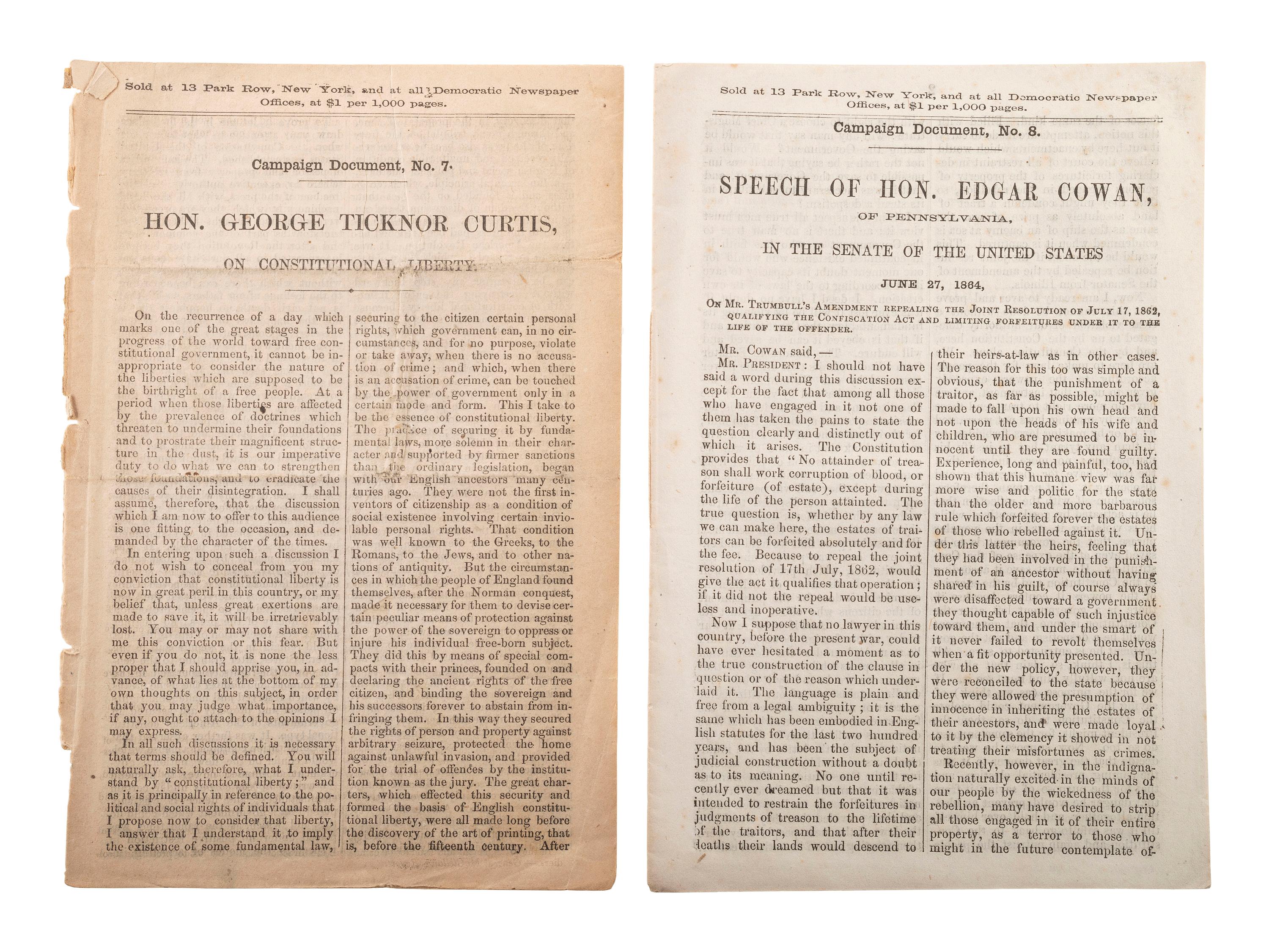 [McCLELLAN, George B. (1826-1885)]. A group of covers, pamphlets, a ballot, and broadsheet related to General McClellan's 1864 presidential campaign.
