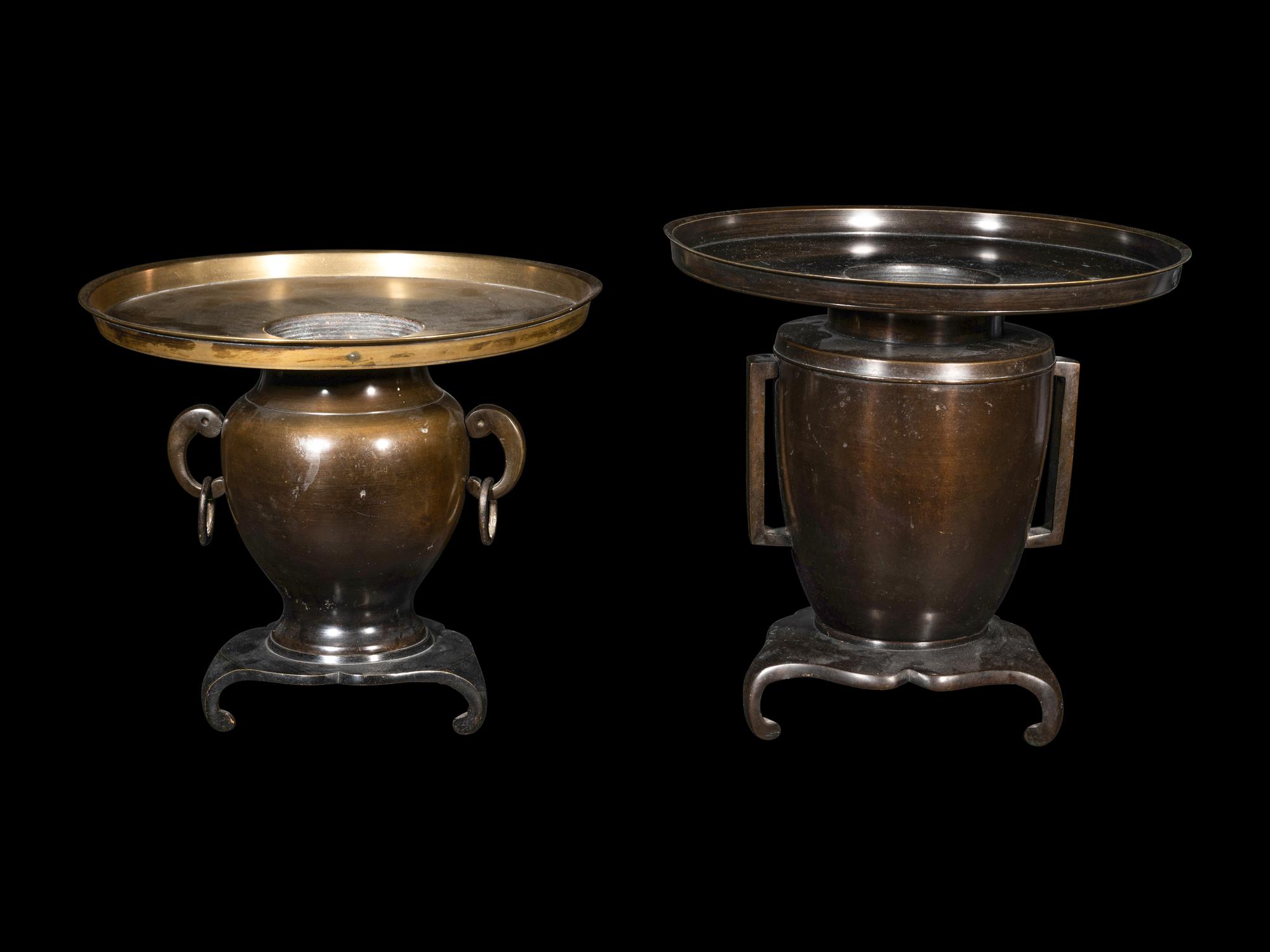 Two Japanese Mixed Metal Flower Arranging Pots, Usubata