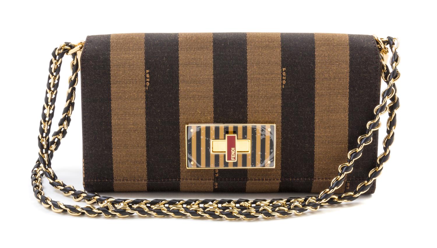 A Fendi Claudia Pequin Striped Canvas Shoulder Bag, 10.5" x 5.5" x 3.75"; Strap drop: 21" or 12.5" when doubled.