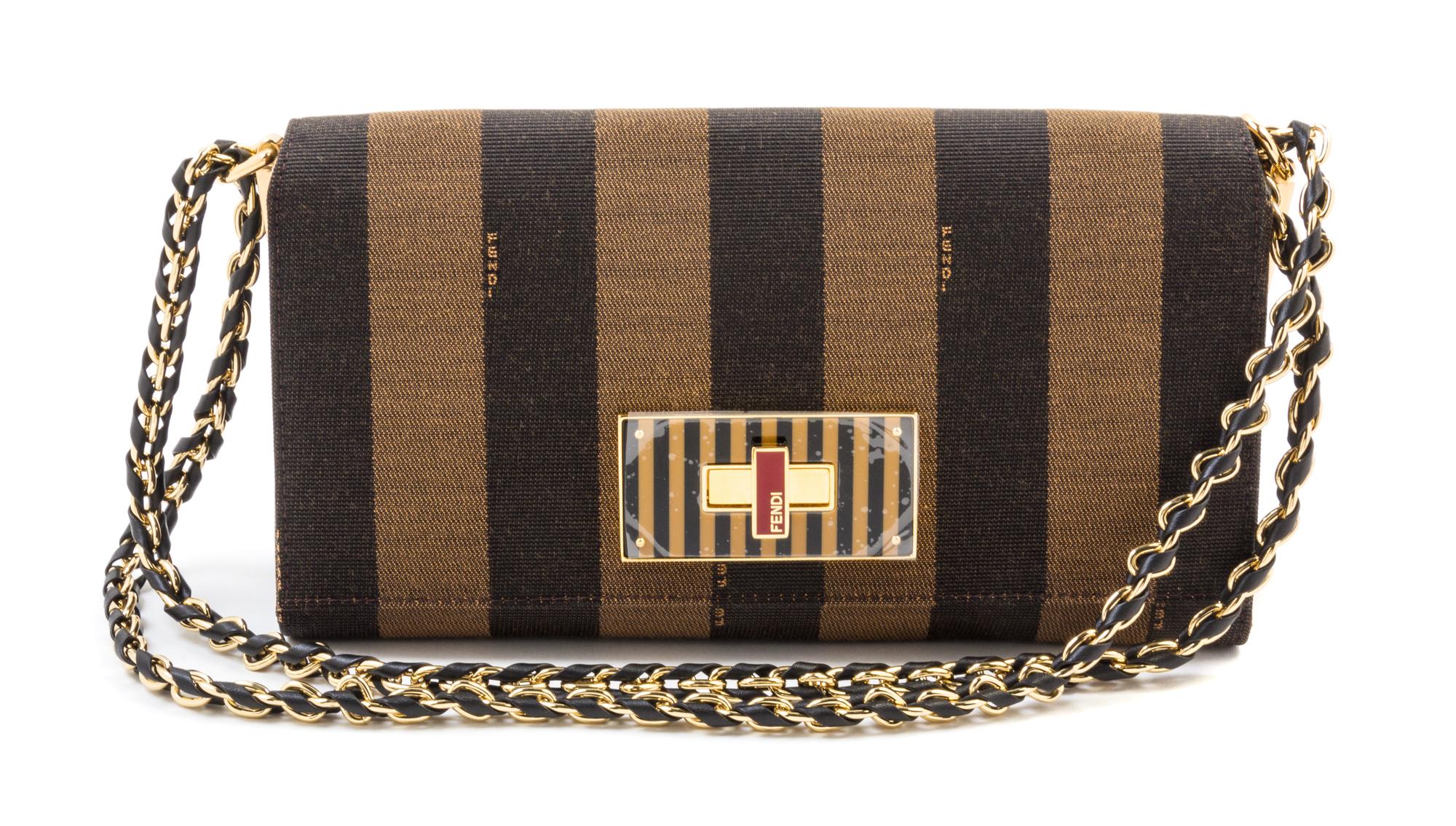 A Fendi Claudia Pequin Striped Canvas Shoulder Bag, 10.5" x 5.5" x 3.75"; Strap drop: 21" or 12.5" when doubled.