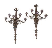 A Pair of Neoclassical Bronze and Cloisonné Five-Light Sconces