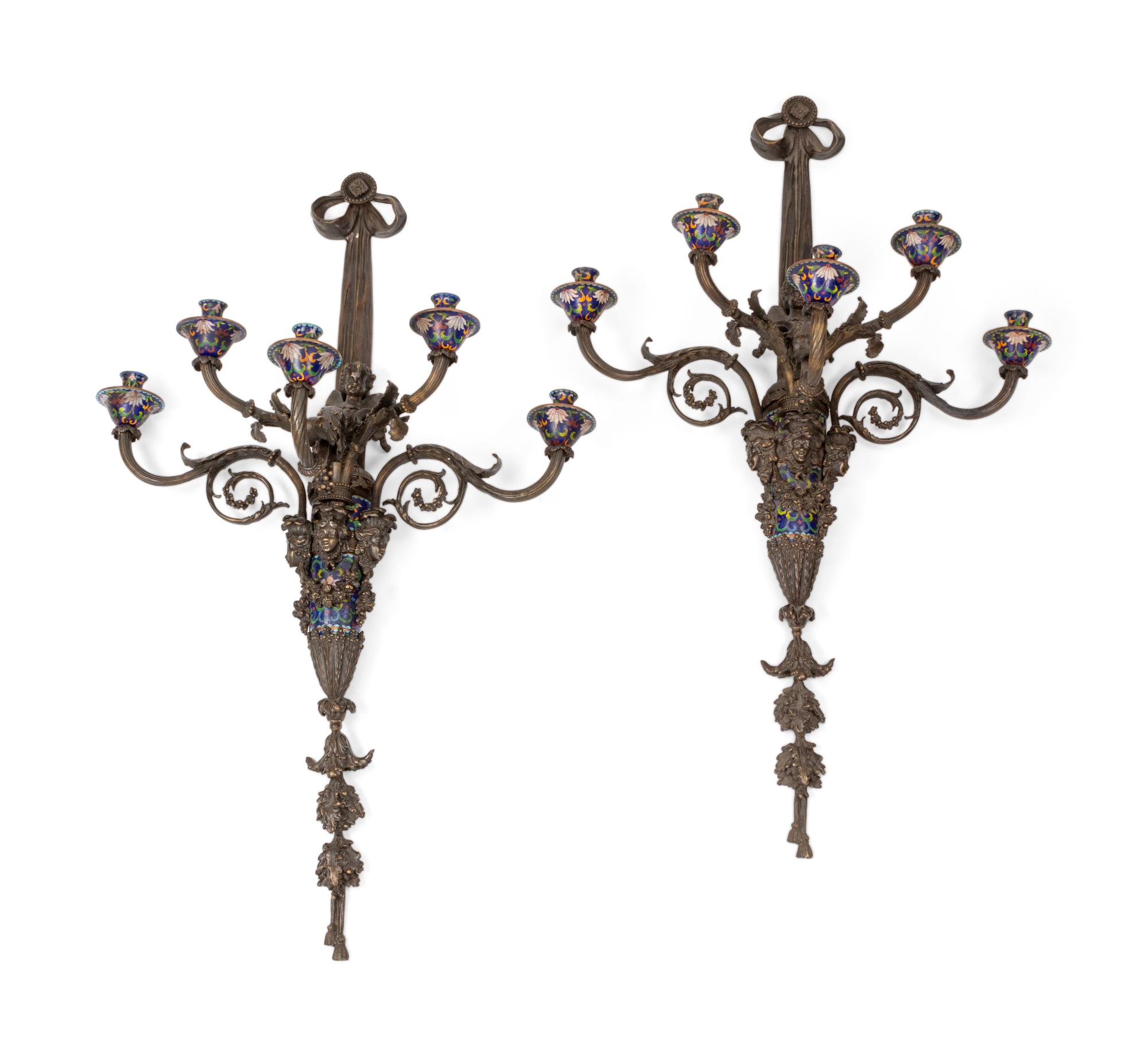 A Pair of Neoclassical Bronze and Cloisonné Five-Light Sconces