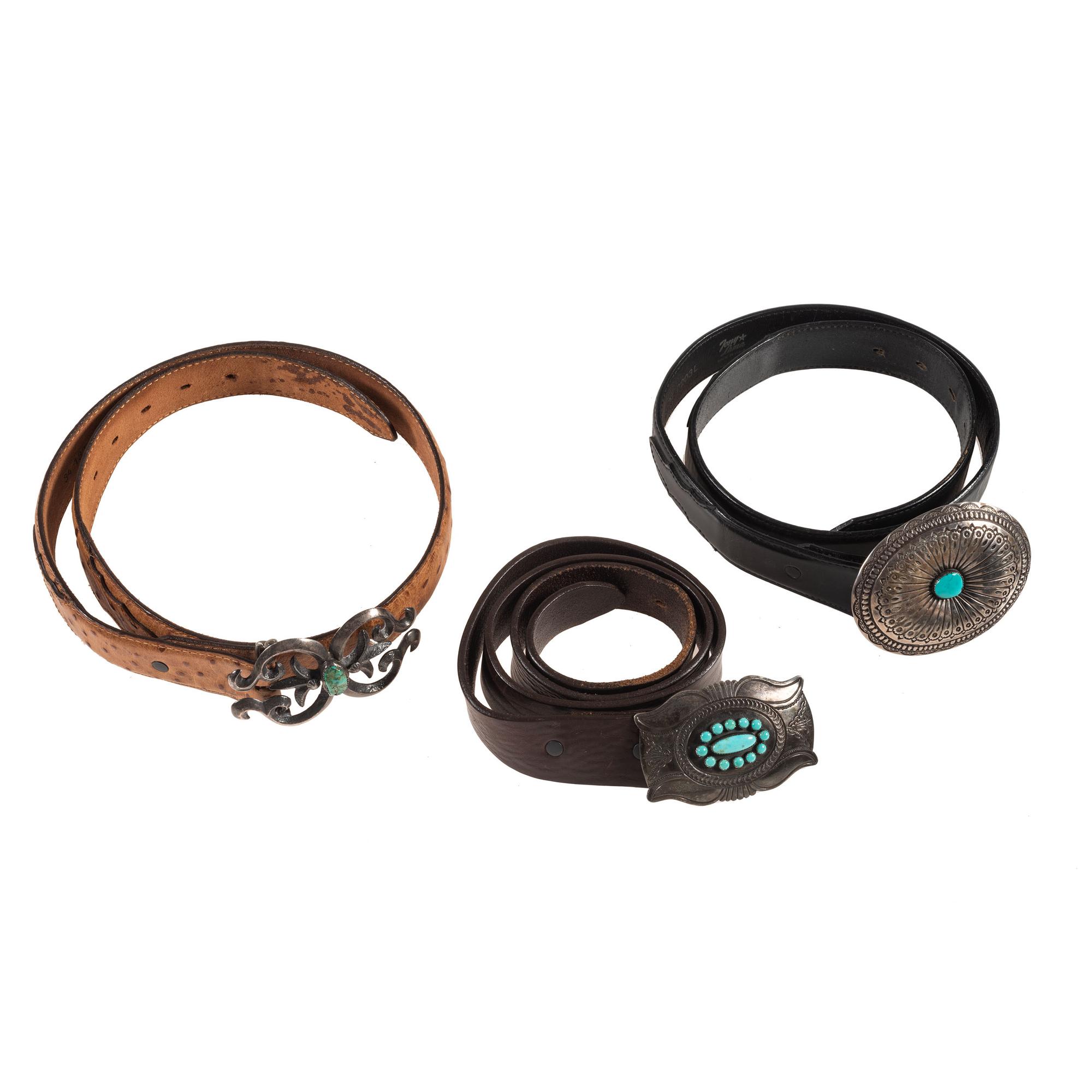 Navajo Silver and Turquoise Belt Buckles on Leather Belts