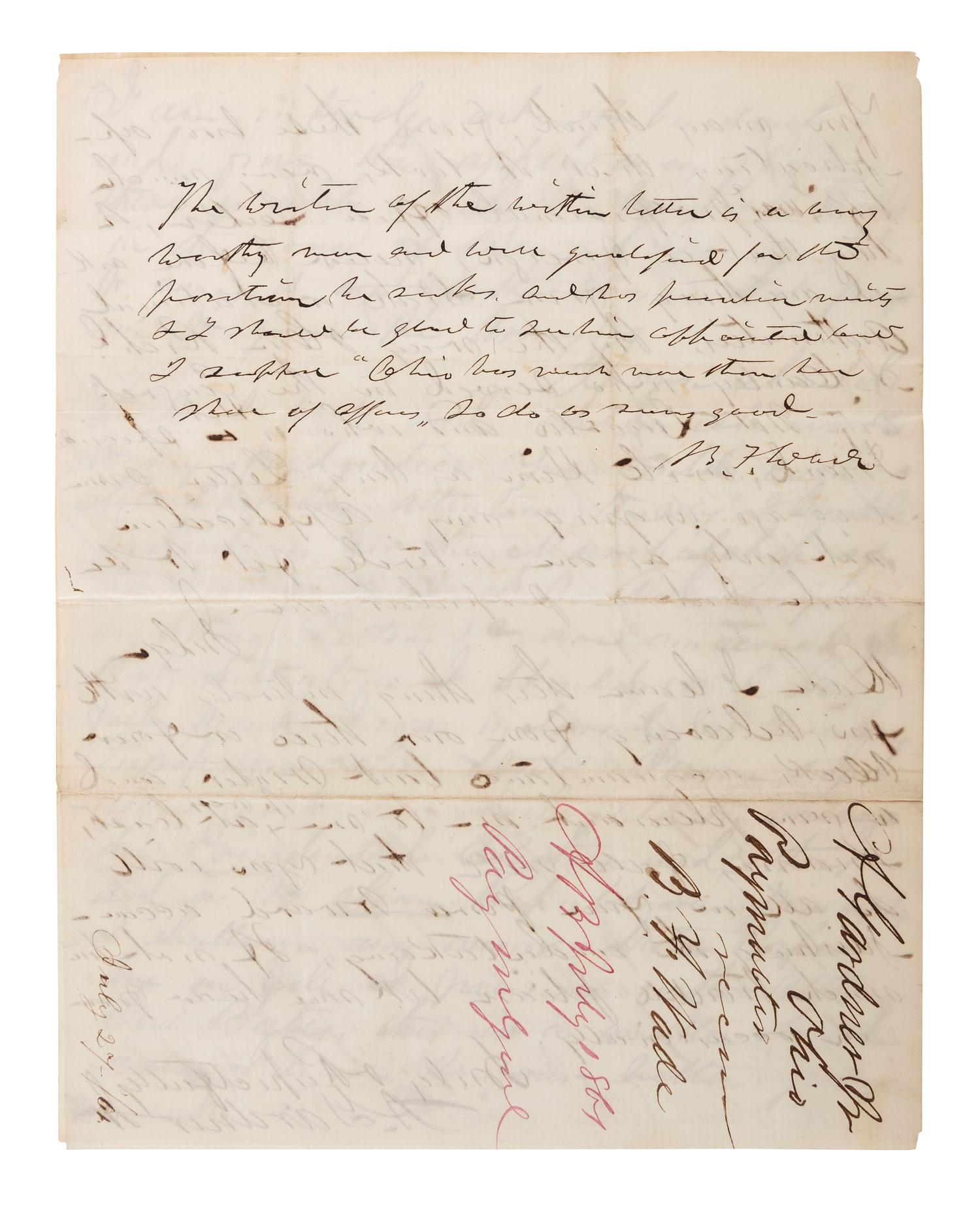 [CIVIL WAR]. ALS to Ohio Senator Benjamin Franklin Wade seeking intervention with President Lincoln in getting a position in the US Army. 6 July 1861, Bellefontaine, Ohio.