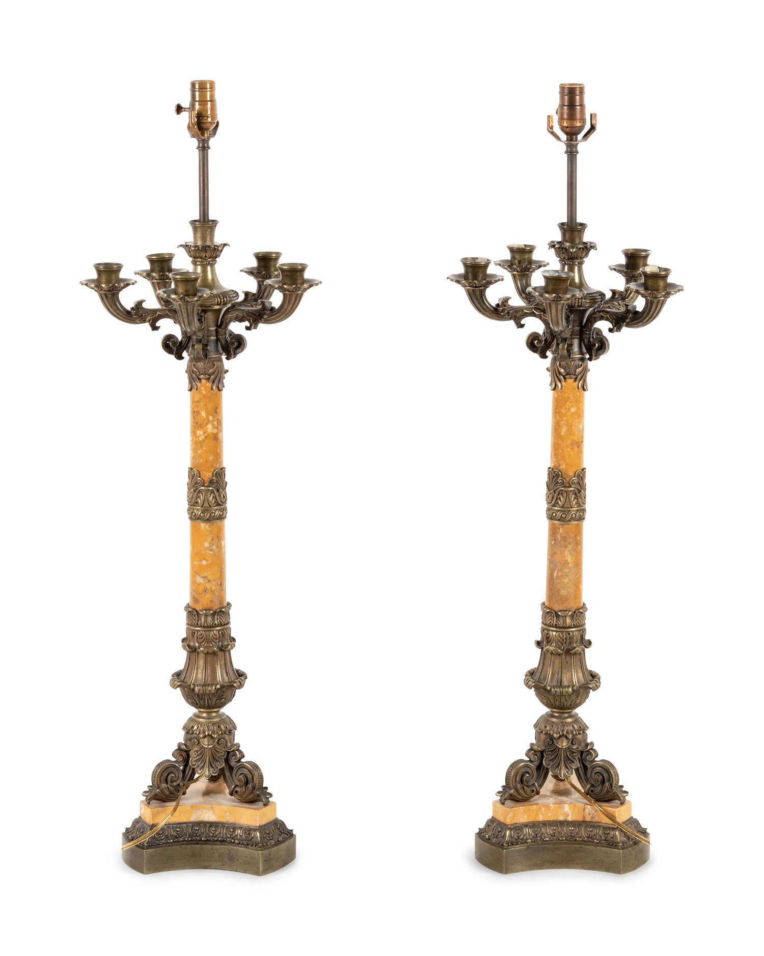 A Pair of Charles X Bronze and Marble Six-Light Candelabra