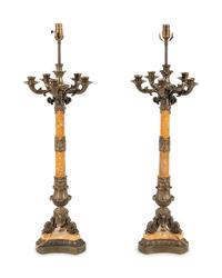 A Pair of Charles X Bronze and Marble Six-Light Candelabra