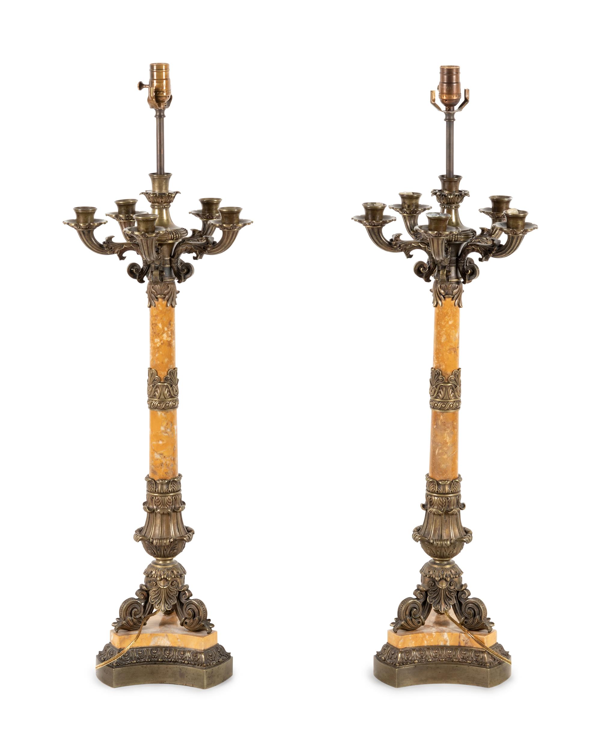 A Pair of Charles X Bronze and Marble Six-Light Candelabra