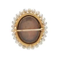 ANTIQUE, AGATE CAMEO, ENAMEL AND PEARL BROOCH