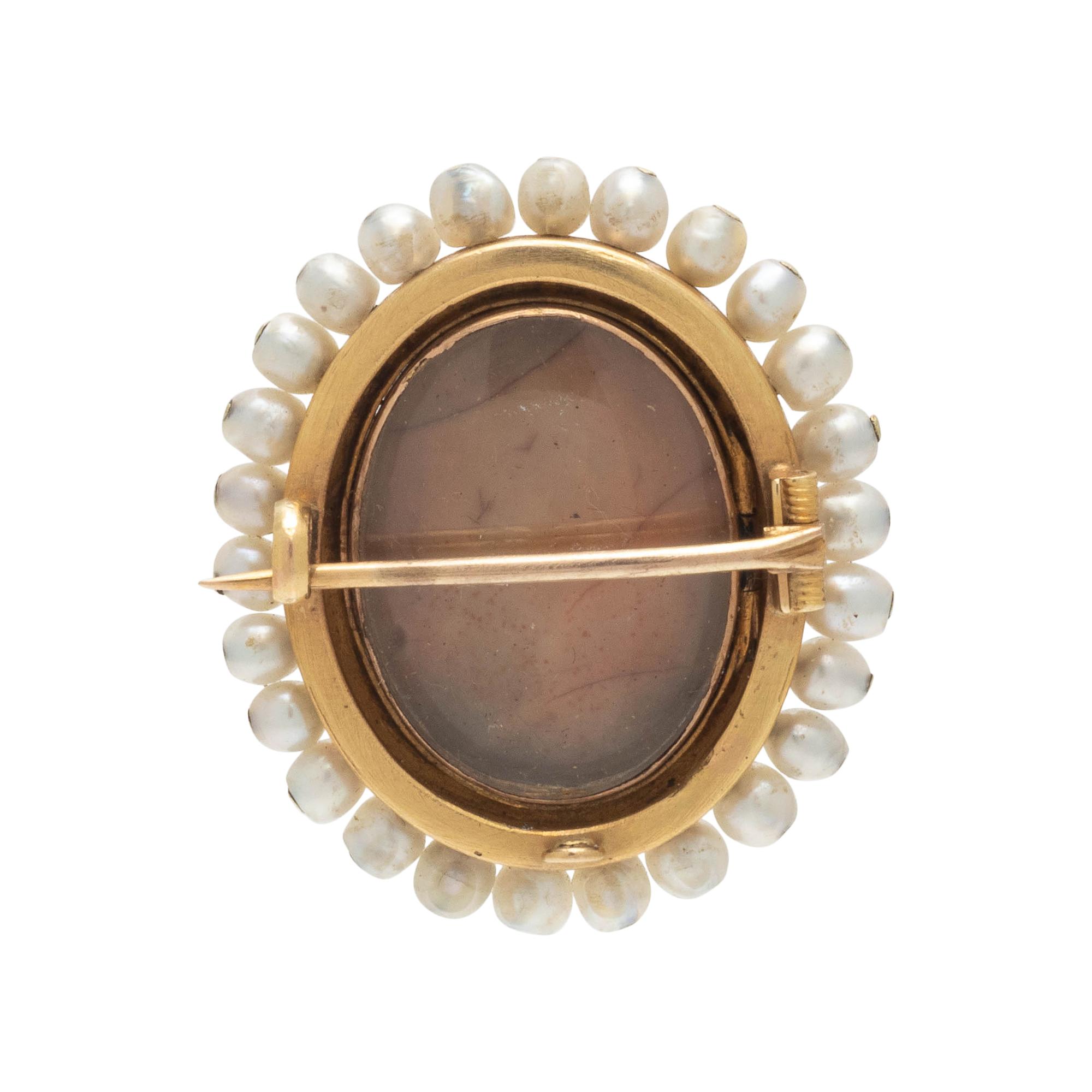 ANTIQUE, AGATE CAMEO, ENAMEL AND PEARL BROOCH