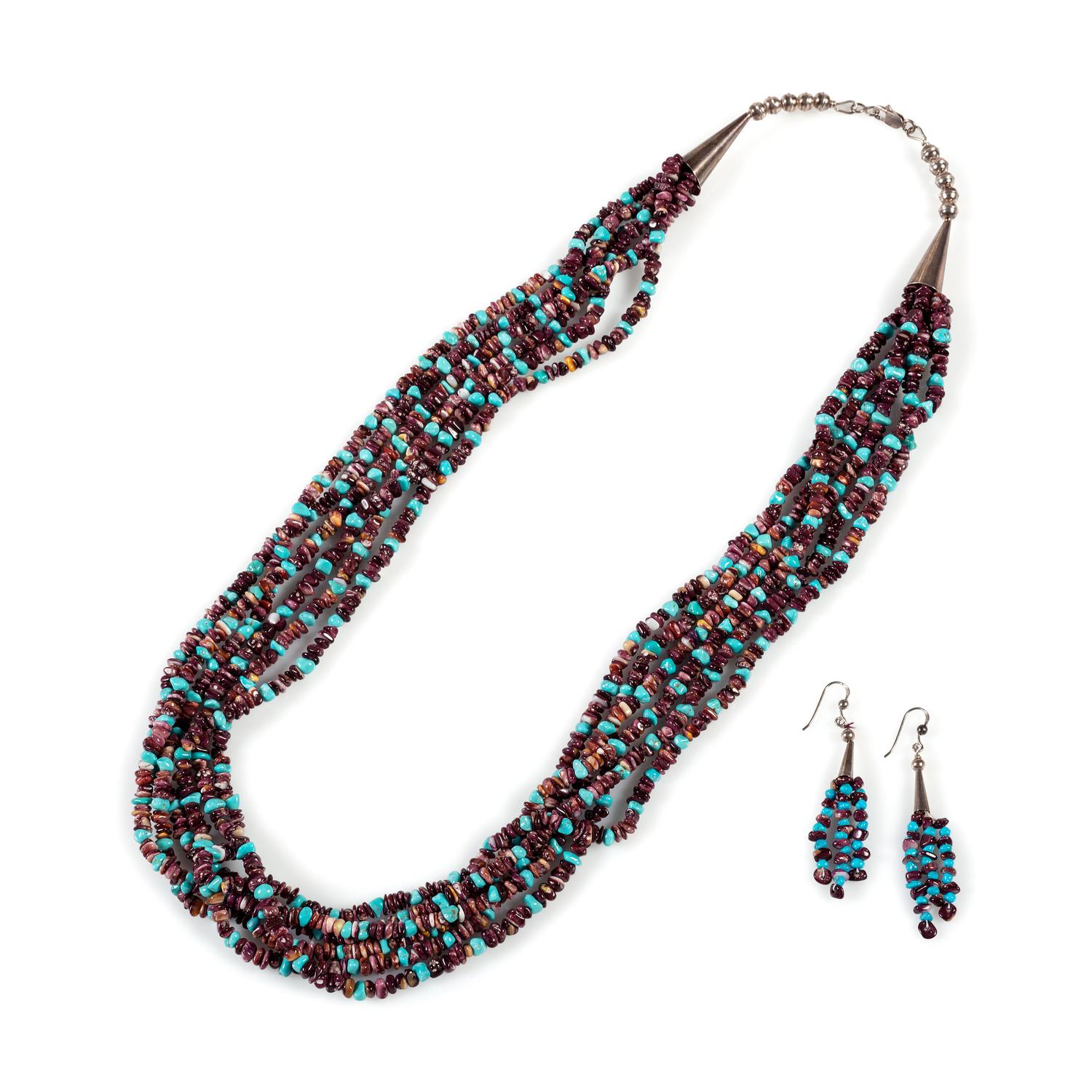 Multi-Strand Necklace and Matching Earrings, Strung with Spiny Oyster and Turquoise
