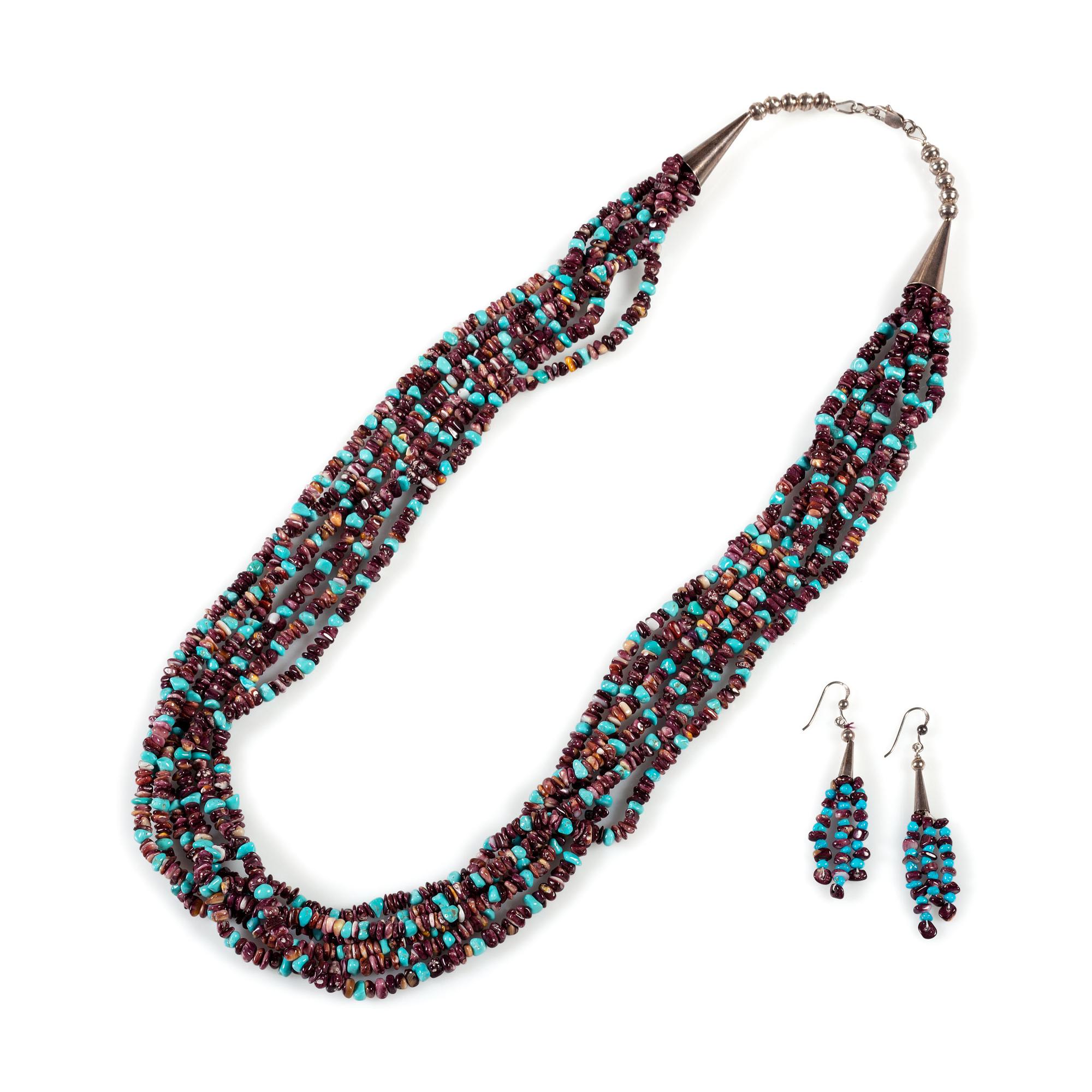 Multi-Strand Necklace and Matching Earrings, Strung with Spiny Oyster and Turquoise
