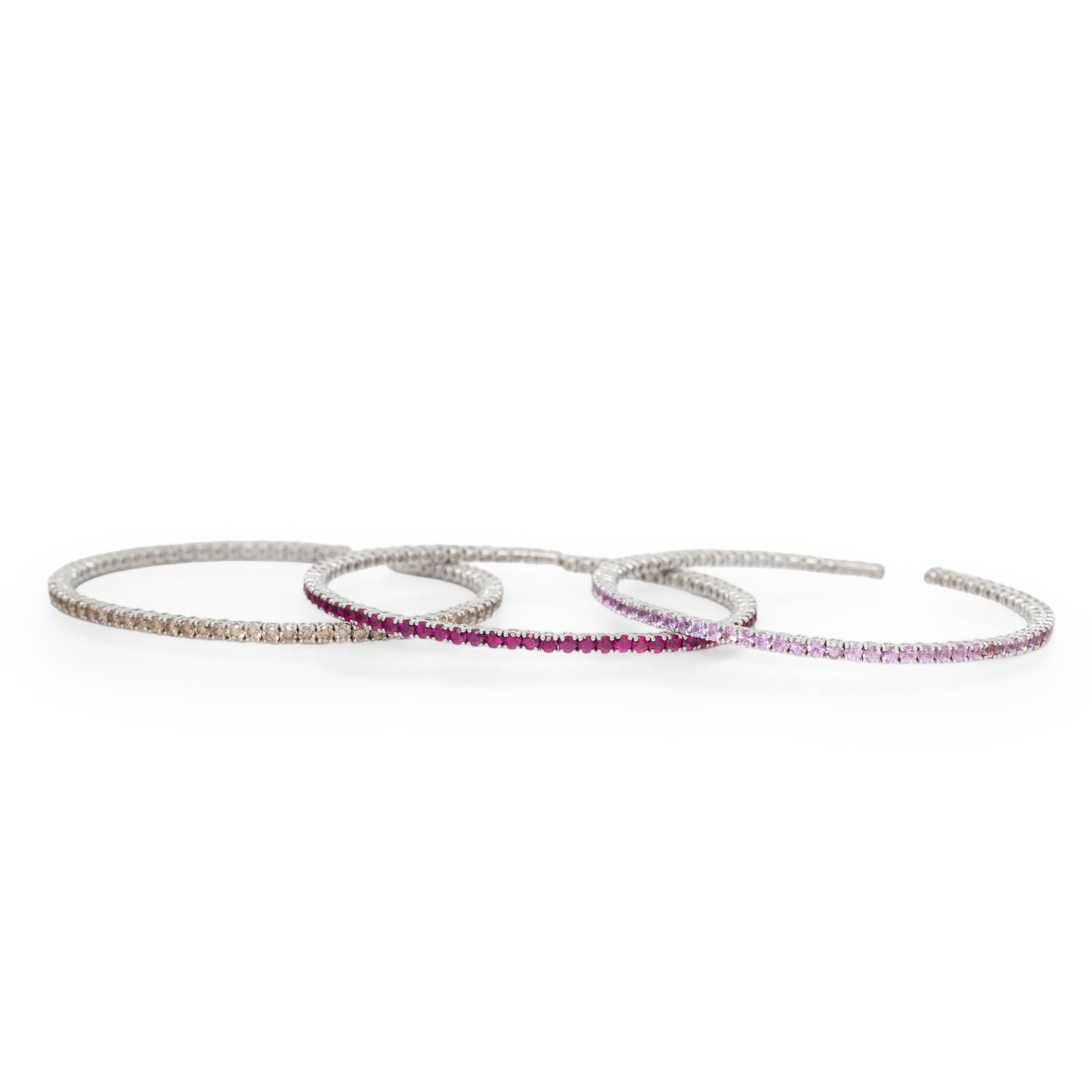 SET OF WHITE GOLD AND GEMSTONE FLEXIBLE STACKING CUFF BRACELETS