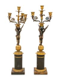 A Pair of Empire Style Gilt and Patinated Bronze Figural Candelabra