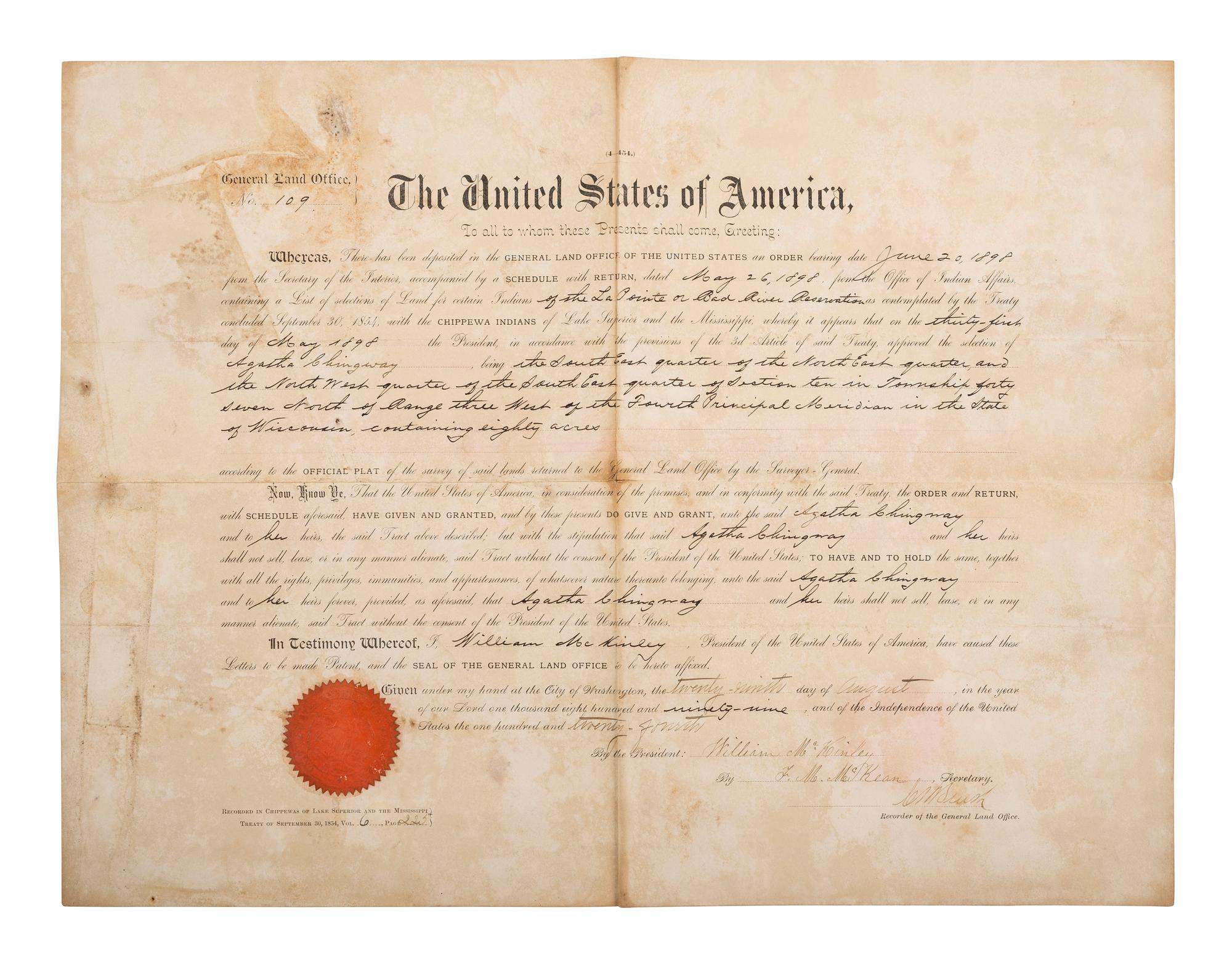 [NATIVE AMERICANS]. Documents involving Native American affairs and allotments.