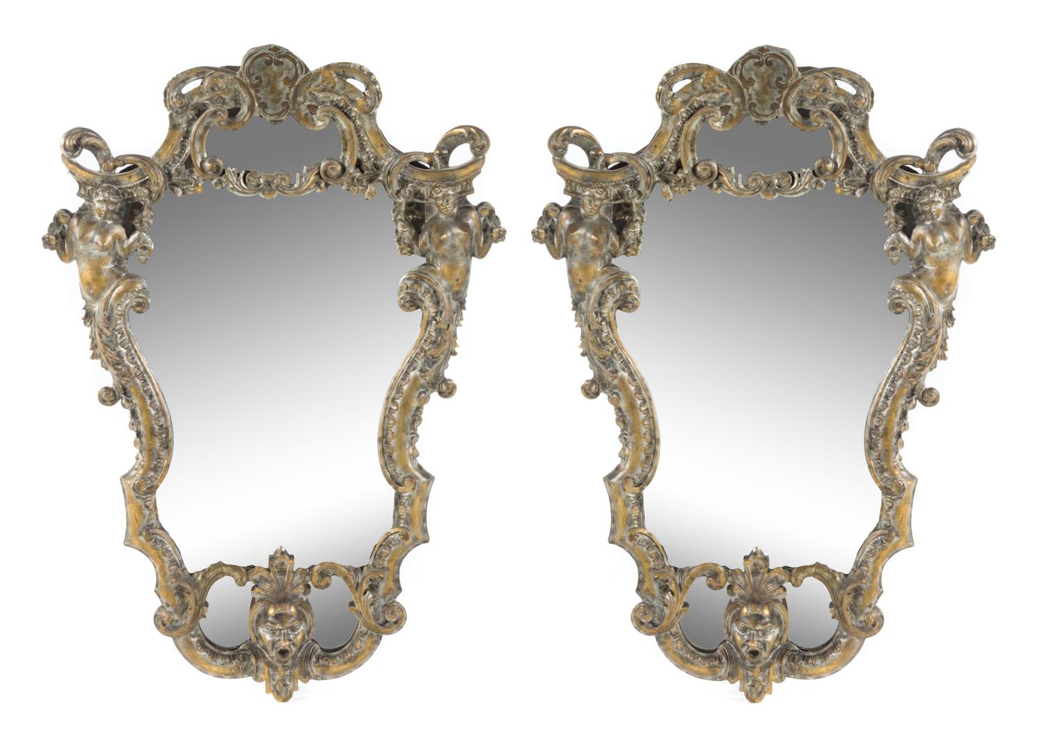 A Pair of Rococo Style Painted and Giltwood Mirrors Height 37 inches. — 19TH/20TH CENTURY