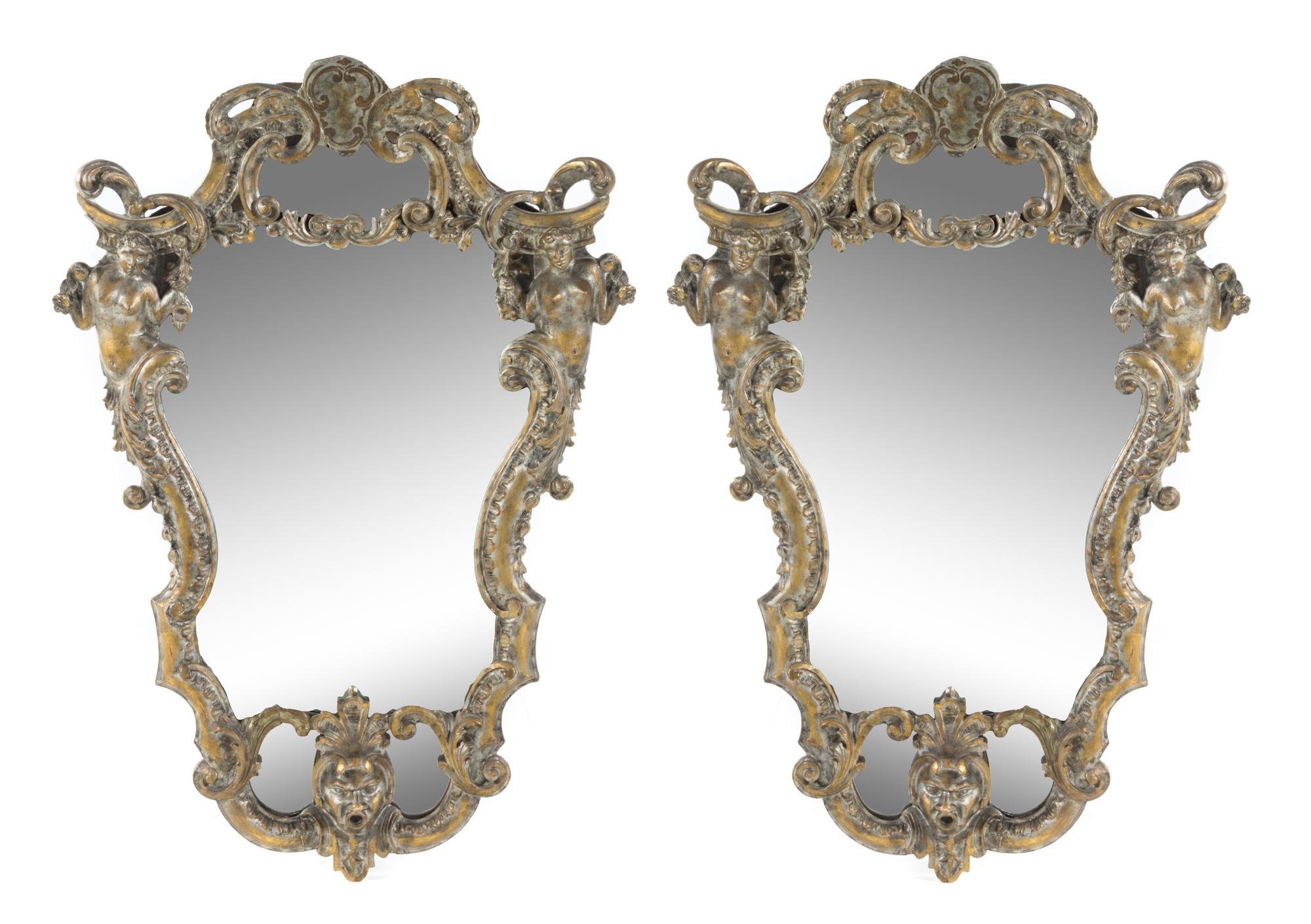 A Pair of Rococo Style Painted and Giltwood Mirrors Height 37 inches. — 19TH/20TH CENTURY