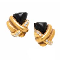Marlene Stowe, Onyx, Diamond, and Yellow Gold Pendant Brooch and Earrings