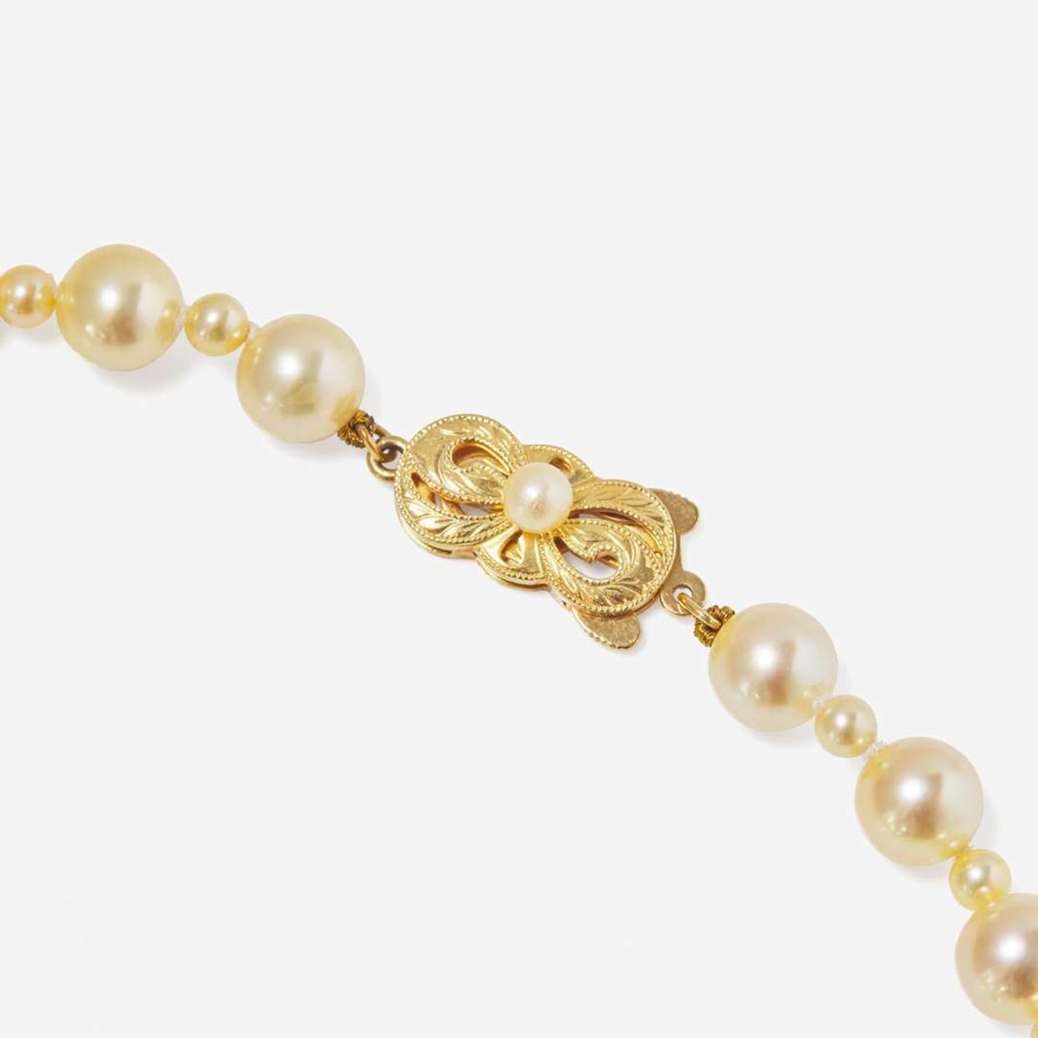 A Pair of 18K Yellow Gold and Pearl Earrings and a Mikimoto Pearl Necklace