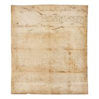 [Queen Anne's War] Extraordinarily Large Manuscript Petition Signed by a Who's Who of Colonial New York Accomplished on Vellum to Queen Anne from the Colony of New York Seeking Reimbursement for a Failed Conquest of New France, November 12, 1709, With Reference to William Penn's Proprietary Colony of Pennsylvania