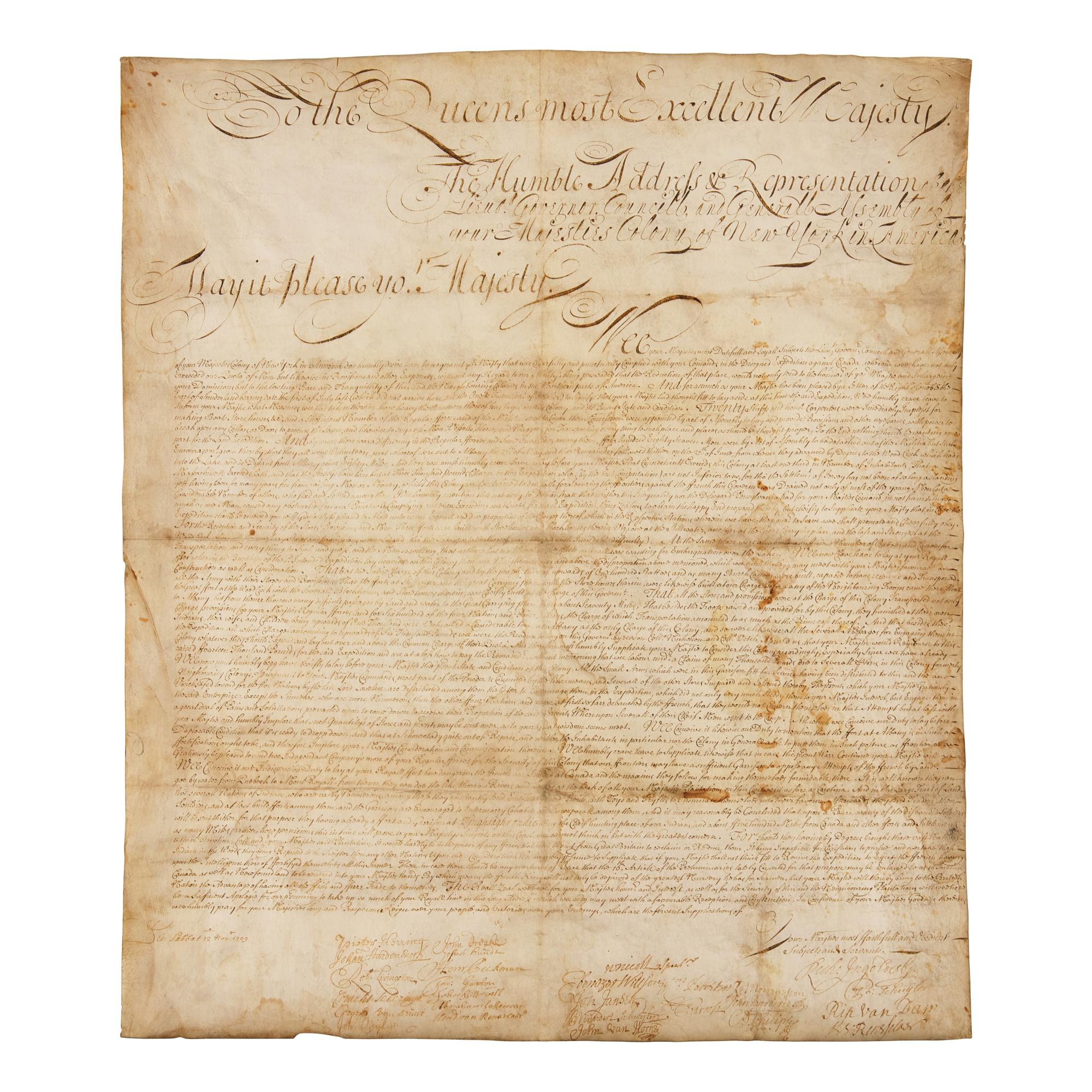 [Queen Anne's War] Extraordinarily Large Manuscript Petition Signed by a Who's Who of Colonial New York Accomplished on Vellum to Queen Anne from the Colony of New York Seeking Reimbursement for a Failed Conquest of New France, November 12, 1709, With Reference to William Penn's Proprietary Colony of Pennsylvania