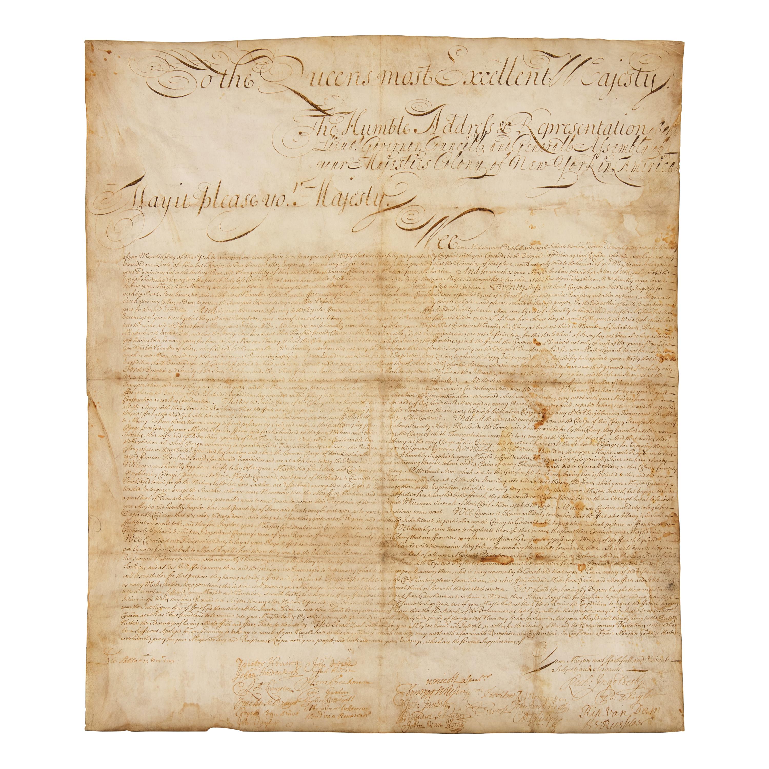 [Queen Anne's War] Extraordinarily Large Manuscript Petition Signed by a Who's Who of Colonial New York Accomplished on Vellum to Queen Anne from the Colony of New York Seeking Reimbursement for a Failed Conquest of New France, November 12, 1709, With Reference to William Penn's Proprietary Colony of Pennsylvania