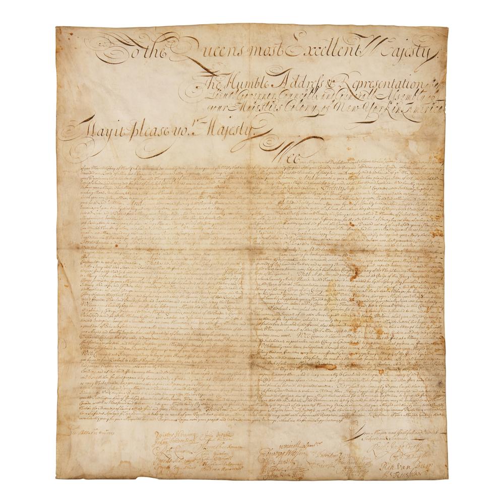 [Queen Anne's War] Extraordinarily Large Manuscript Petition Signed by a Who's Who of Colonial New York Accomplished on Vellum to Queen Anne from the Colony of New York Seeking Reimbursement for a Failed Conquest of New France, November 12, 1709, With Reference to William Penn's Proprietary Colony of Pennsylvania
