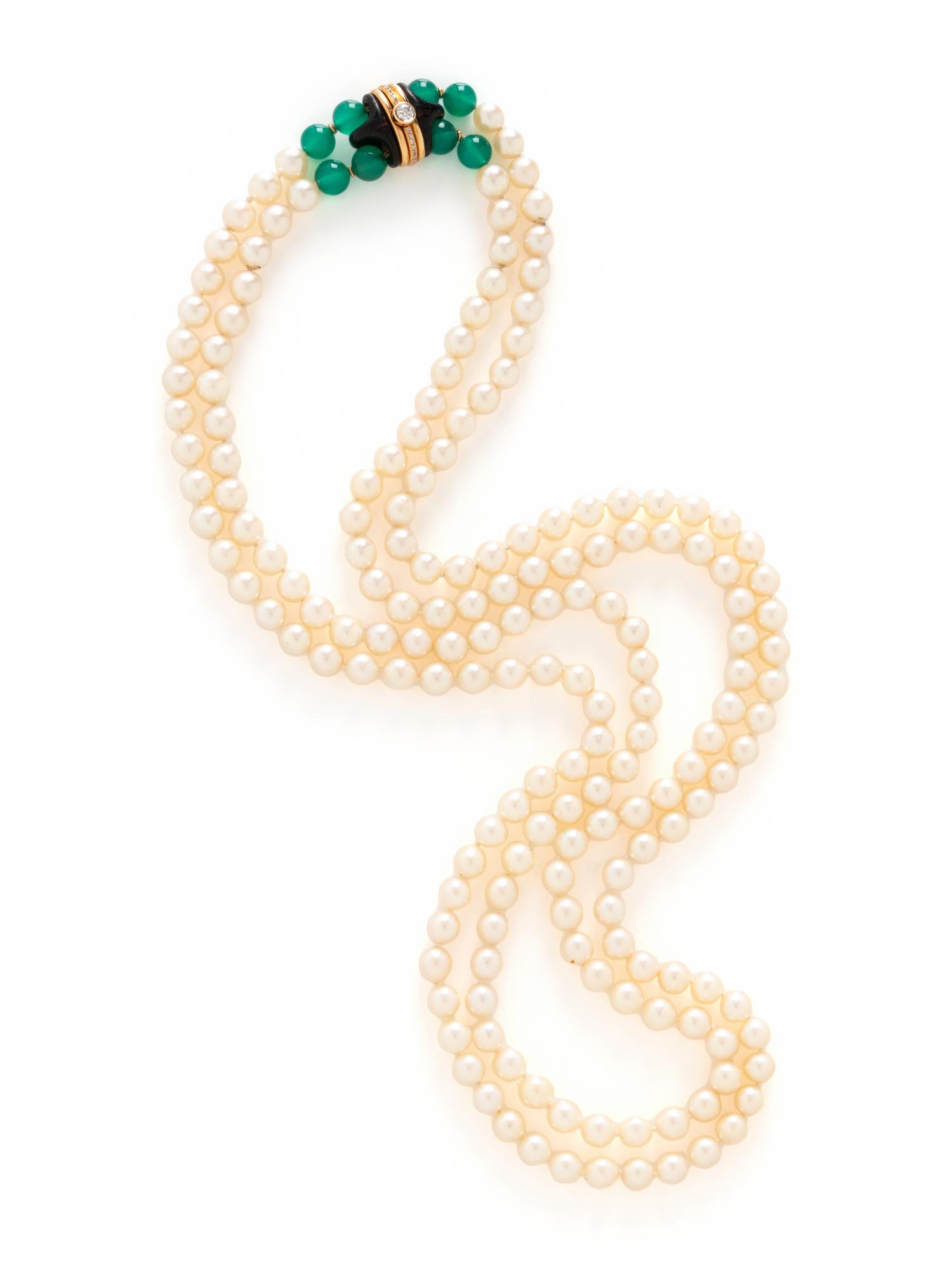 CULTURED PEARL, GREEN CHALCEDONY AND DIAMOND NECKLACE