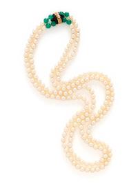 CULTURED PEARL, GREEN CHALCEDONY AND DIAMOND NECKLACE