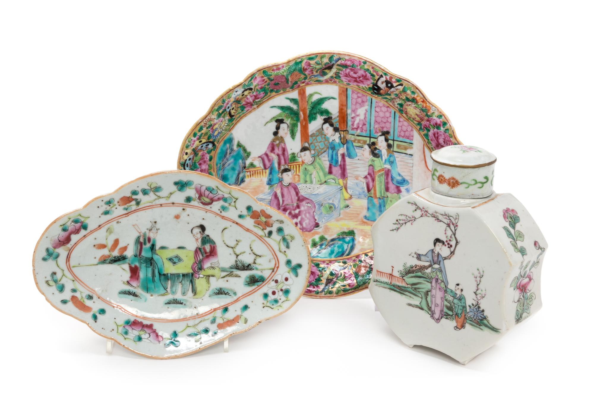 Three Chinese Famille Rose Porcelain Articles Length of largest 10 1/4 inches. — 19TH-EARLY 20TH CENTURY