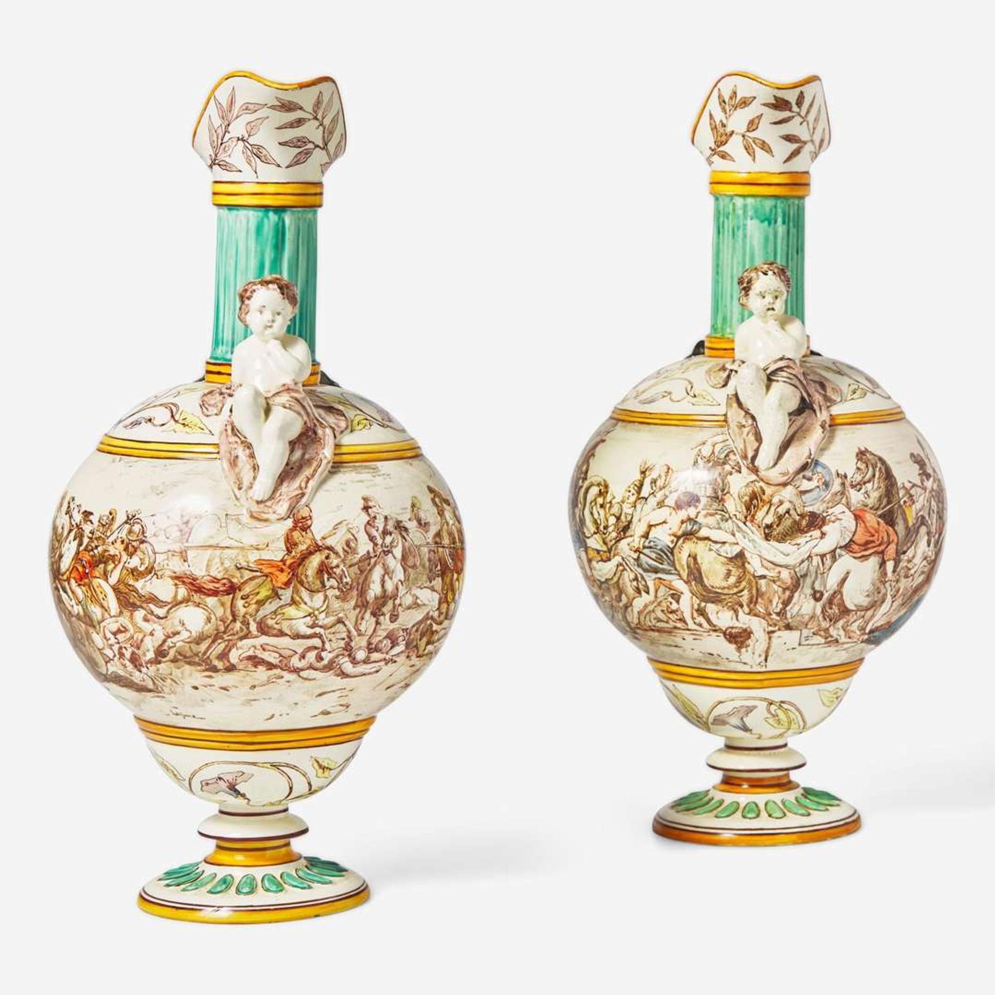A Pair of Emile Lessore Decorated Wedgwood Queensware Ewers UK, 1860s