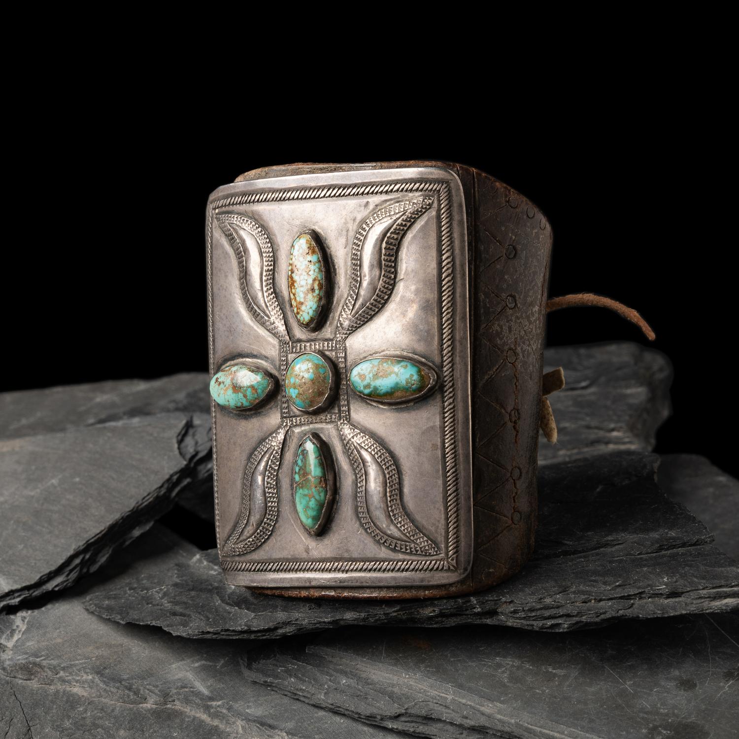 Early Navajo Ingot and Turquoise Ketoh, with Carved Design on Leather Band