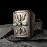 Early Navajo Ingot and Turquoise Ketoh, with Carved Design on Leather Band