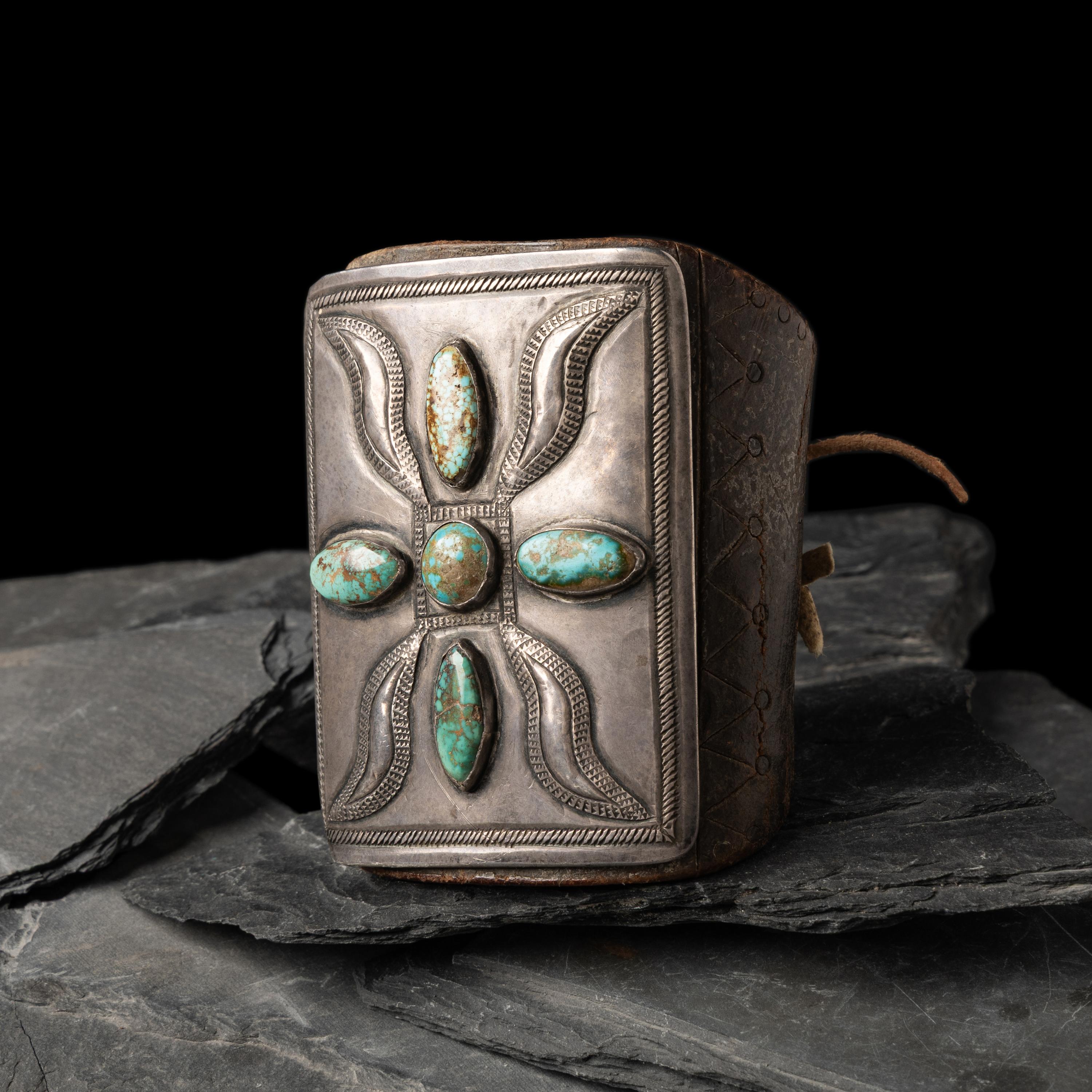 Early Navajo Ingot and Turquoise Ketoh, with Carved Design on Leather Band