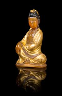 A Rare Chinese Gilt Tianhuang Soapstone Figure of Guanyin 18TH/19TH CENTURY Height 4 inches. — 18TH/19TH CENTURY