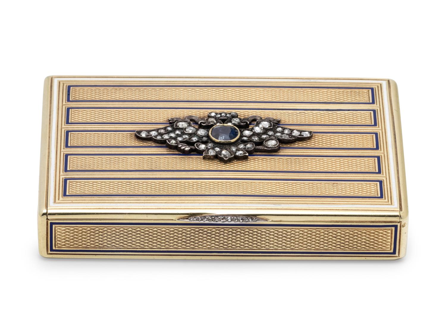 A Russian Yellow Gold, Enamel, Diamond and Sapphire Mounted Snuff Box