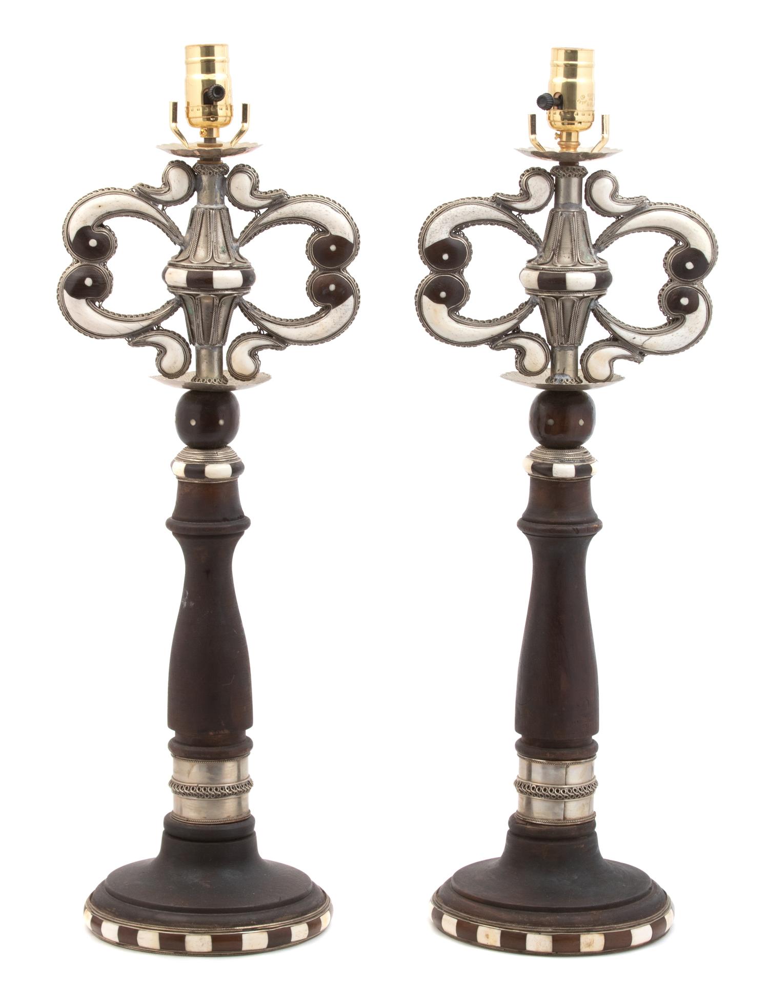 A Pair of Moroccan Inlaid Table Lamps Height 18 inches. — 20TH CENTURY