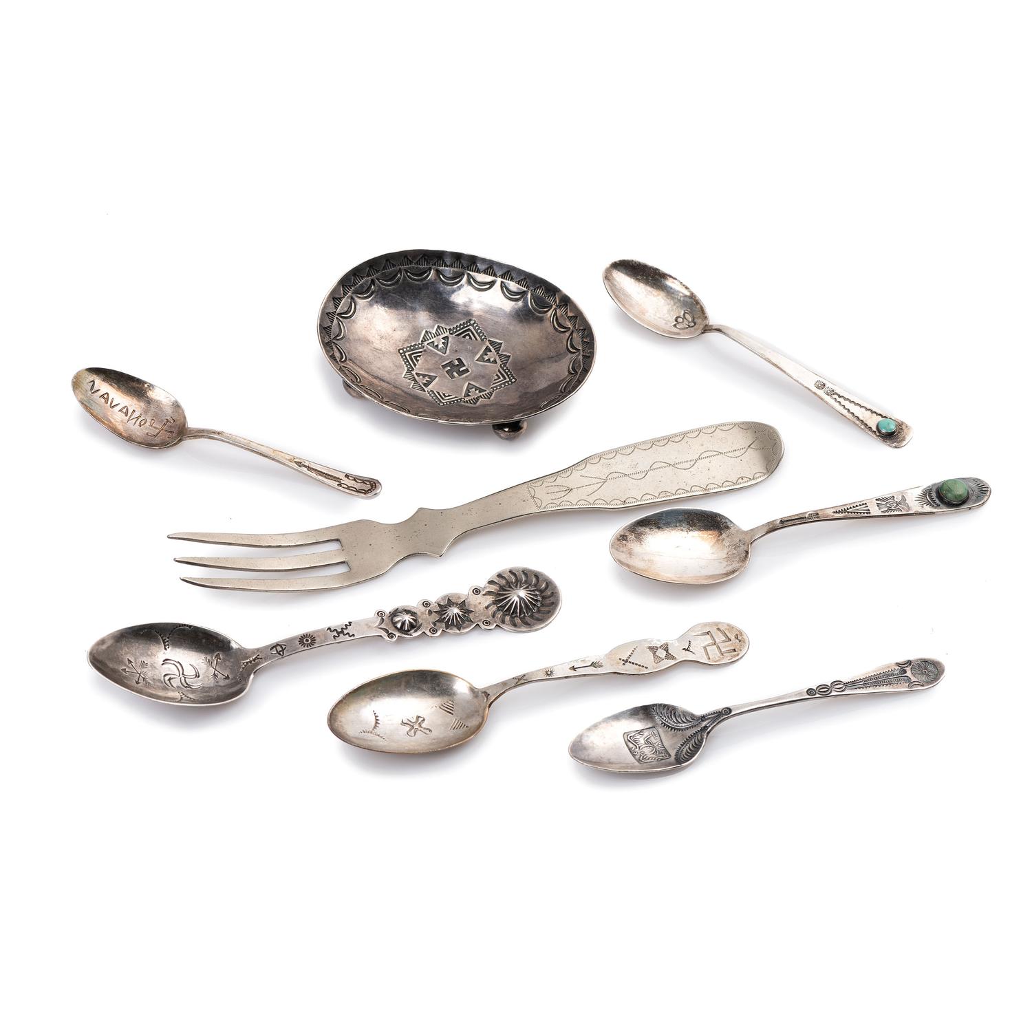 Navajo Stamped Silver Souvenir Spoons and Ashtray, PLUS