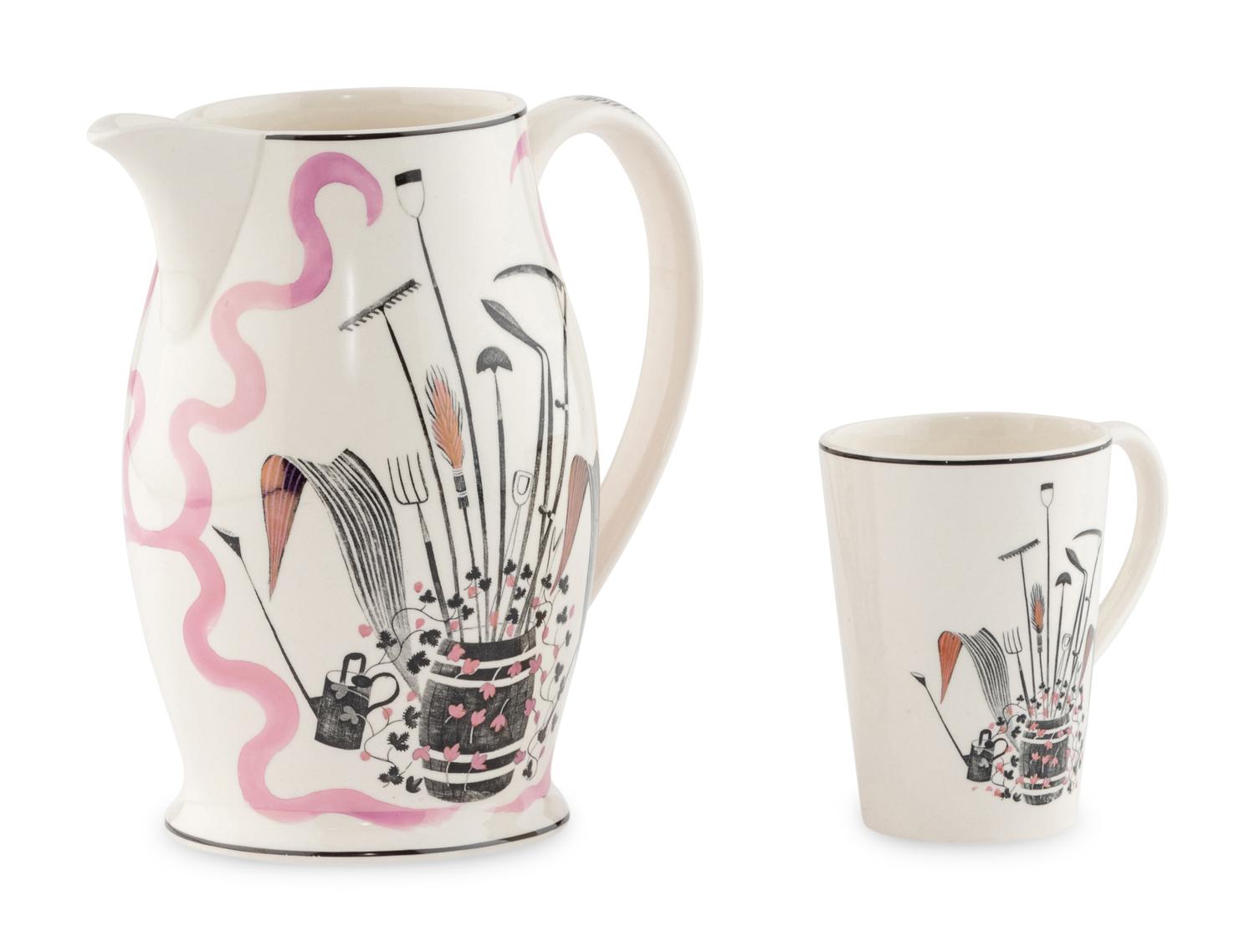 An Eric Ravilious for Wedgwood 'Garden Implements' Pitcher and Mug