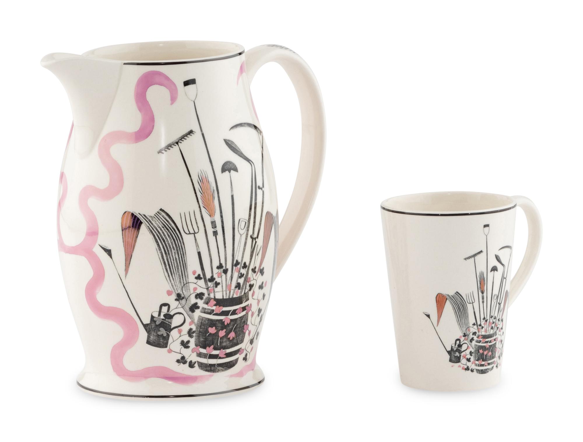 An Eric Ravilious for Wedgwood 'Garden Implements' Pitcher and Mug