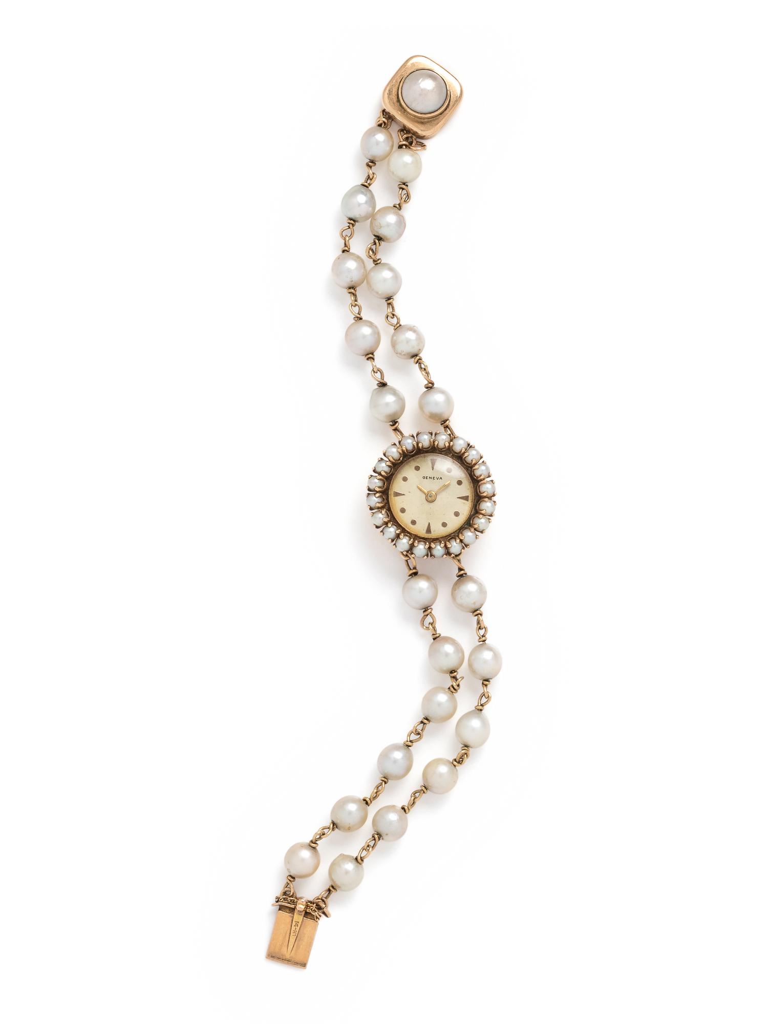 14K YELLOW GOLD AND CULTURED PEARL WRISTWATCH