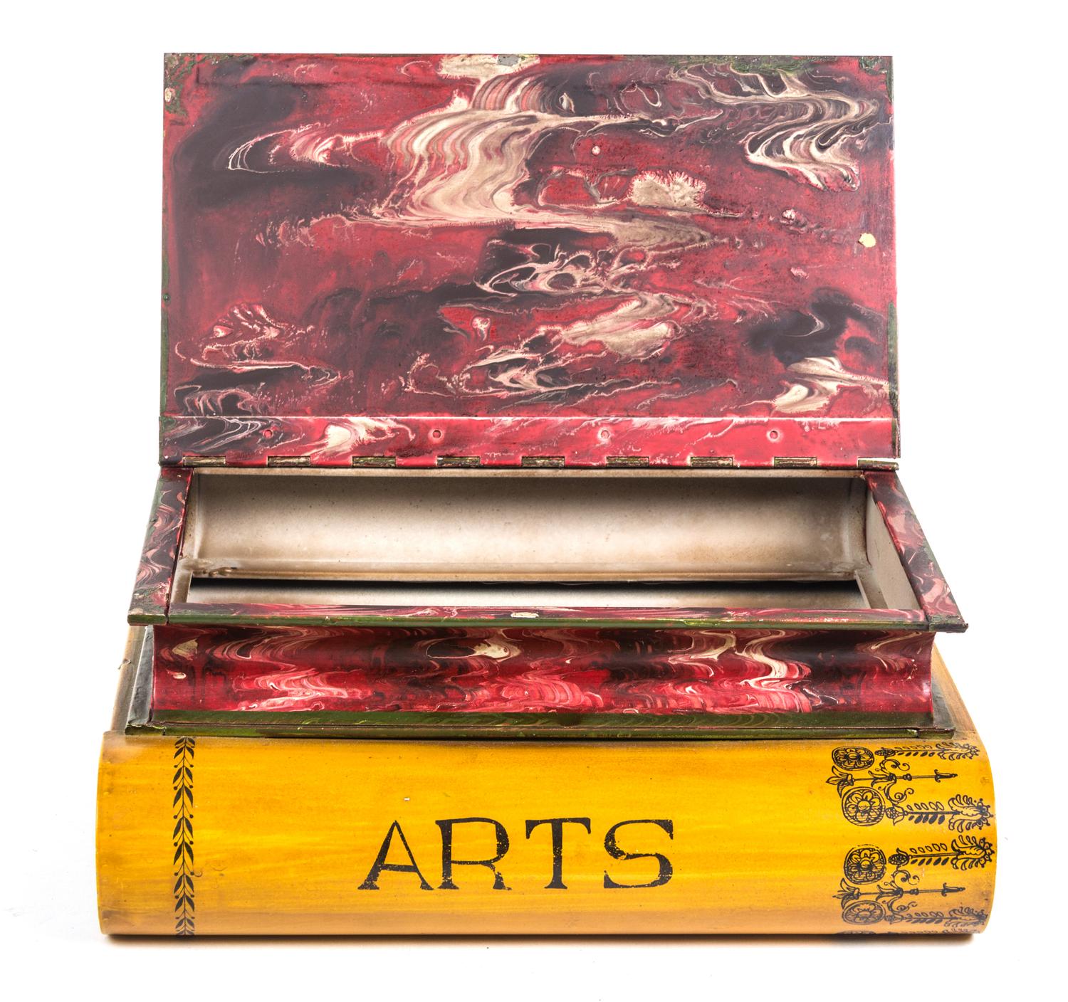 A Book Stack Form Tole Box Height 4 1/2 x length 11 x width 8 1/2 inches. — 20TH CENTURY